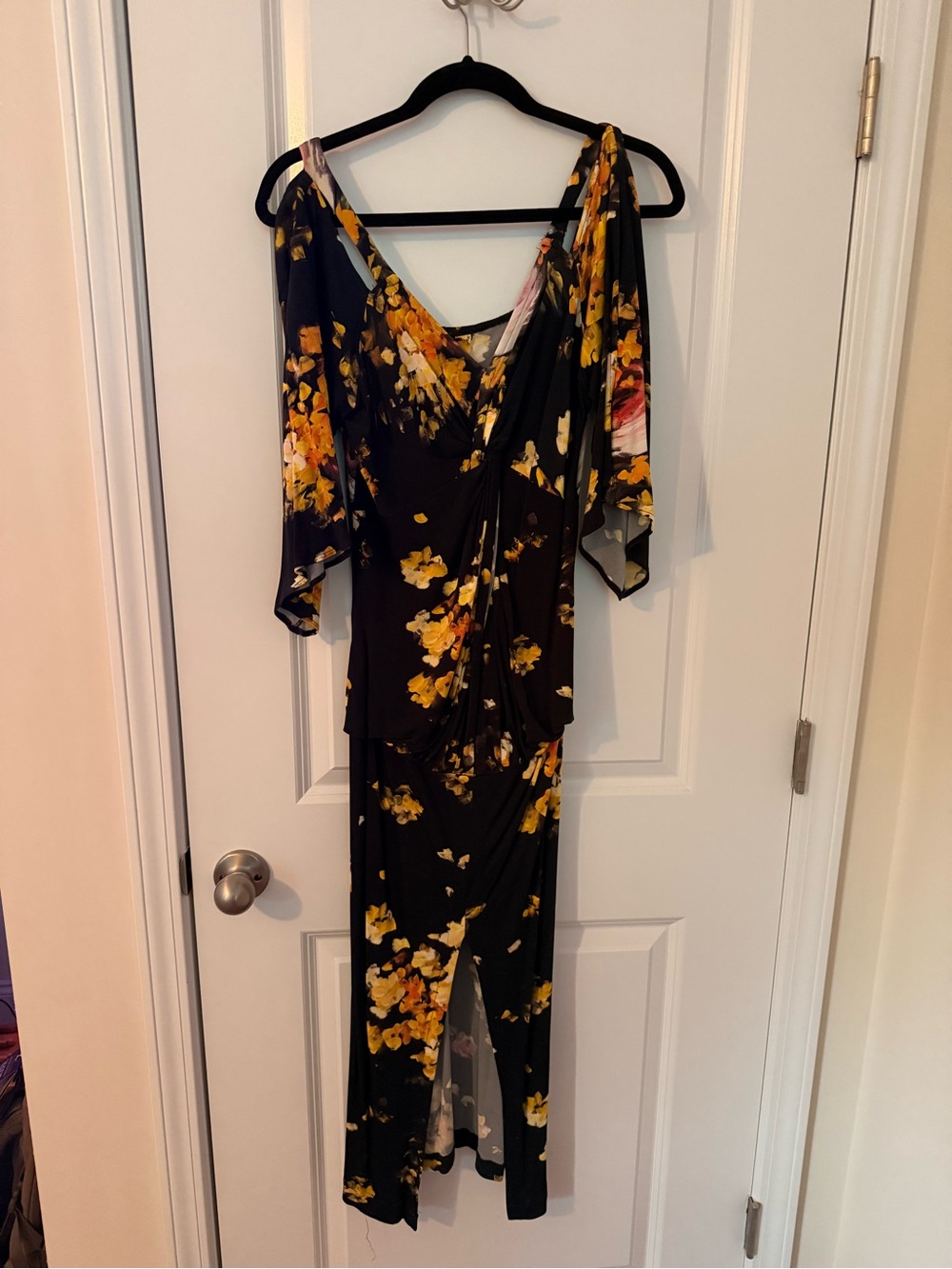 Black Midi Dress with Yellow Floral Print